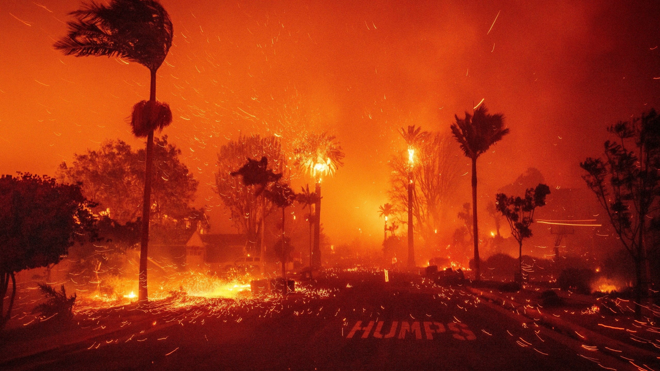 FILE - The Palisades Fire ravages a neighborhood amid high winds in the Pacific Palisades neighborhood of Los Angeles, Tuesday, Jan. 7, 2025. (AP Photo/Ethan Swope, File)