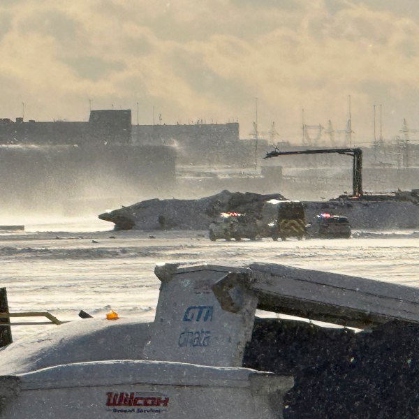 A Delta Air Lines plane heading from Minneapolis to Toronto crashed at Toronto's Pearson Airport, Monday Feb. 17, 2025. (Teresa Barbieri/The Canadian Press via AP)