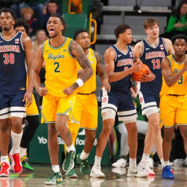 Baylor guard Jayden Nunn (2) reacts after a play against Arizona during the first half of an NCAA college basketball game Monday, Feb. 17, 2025, in Waco, Texas. (AP Photo/Julio Cortez)