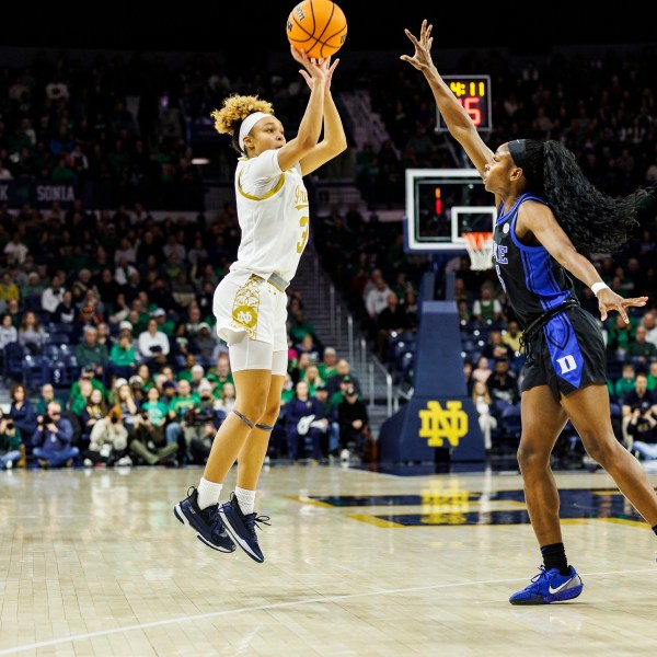 Notre Dame guard Hannah Hidalgo (3) shoots as Duke guard Oluchi Okananwa, right, defends during the first half of an NCAA college basketball game, Monday, Feb. 17, 2025, in South Bend, Ind. (AP Photo/John Mersits)