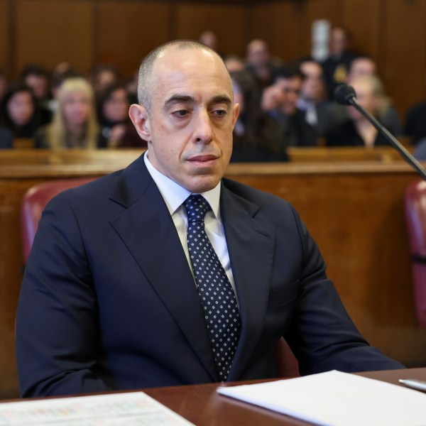 FILE - Attorney Emil Bove sits on the day of a sentencing hearing in the criminal case in which President-elect Donald Trump was convicted in 2024 on charges involving hush money paid to a porn star, outside of New York Criminal Court in Manhattan in New York City, Jan. 10, 2025. (Brendan McDermid, Pool Photo via AP, File)