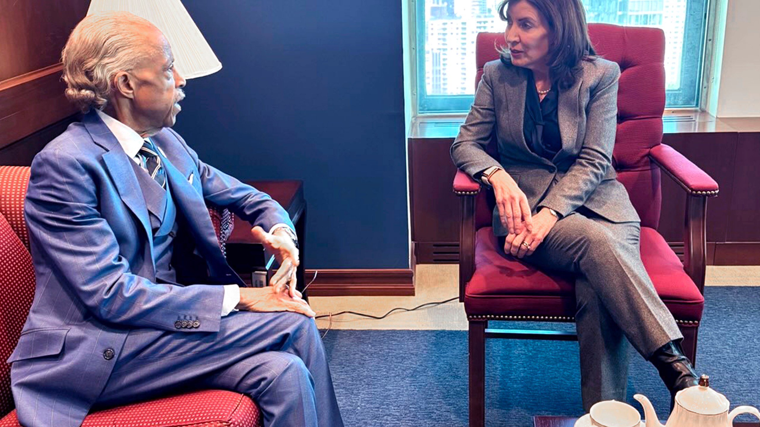 New York Gov. Kathy Hochul and Rev. Al Sharpton meet at the governor's office in New York, Tuesday, Feb. 18, 2025. (Rachel Noerdlinger via AP)