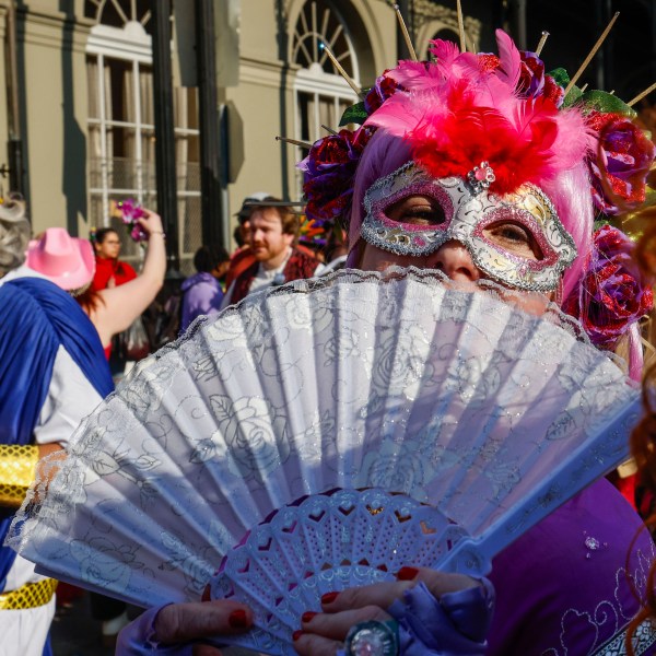 FILE - The French Quarter Madams march through the French Quarter ahead of Fat Tuesday in New Orleans, Friday, Feb. 9, 2024. (Sophia Germer/The Times-Picayune/The New Orleans Advocate via AP, File)