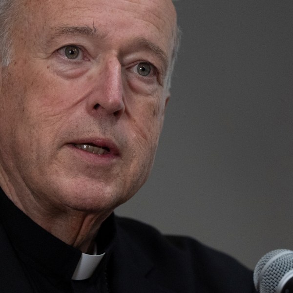 Cardinal Robert McElroy of San Diego, who was named in January as the archbishop of Washington, D.C. by Pope Francis, speaks during a news conference Thursday, Feb. 27, 2025, in San Diego. (AP Photo/Gregory Bull)