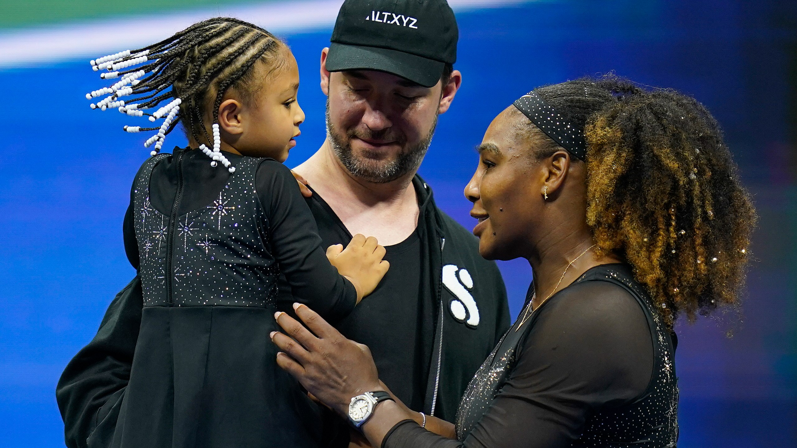 FILE - Serena Williams, of the United States, talks with her daughter Olympia and husband Alexis Ohanian after defeating Danka Kovinic, of Montenegro, during the first round of the U.S. Open tennis championships, Aug. 29, 2022, in New York. (AP Photo/Charles Krupa, File)