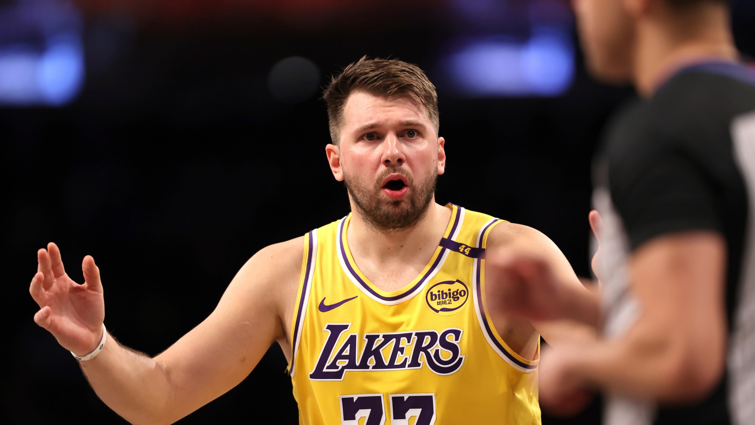 Los Angeles Lakers' Luka Doncic reacts after a foul was called on him during the first half of an NBA basketball game against the Brooklyn Nets, Monday, March 10, 2025, in New York. (AP Photo/Pamela Smith)