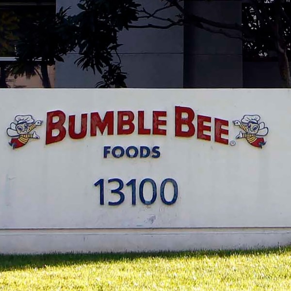 FILE - This Oct. 15, 2012 file photo shows the front of the Bumble Bee tuna processing plant in Santa Fe Springs, Calif. (AP Photo/Nick Ut, file)