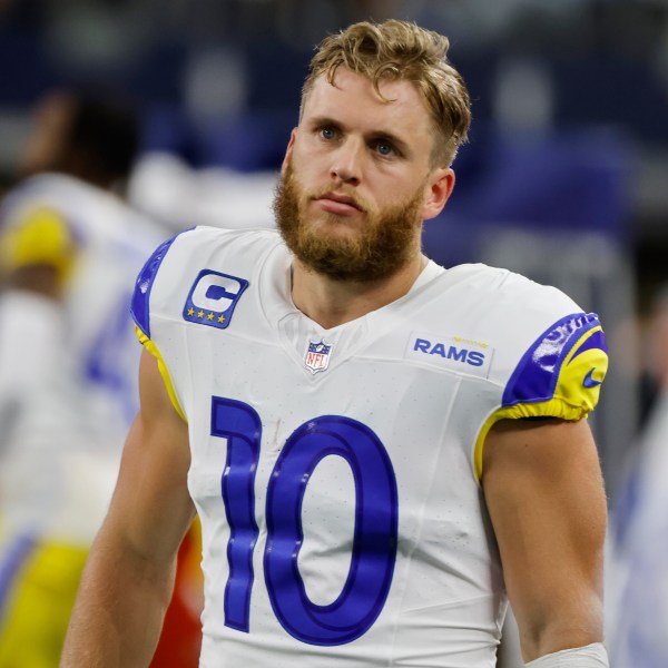 FILE - Los Angeles Rams wide receiver Cooper Kupp (10) walks on the sideline during an NFL football game in Arlington, Texas, Sunday, Nov. 29, 2023. (AP Photo/Michael Ainsworth, File)