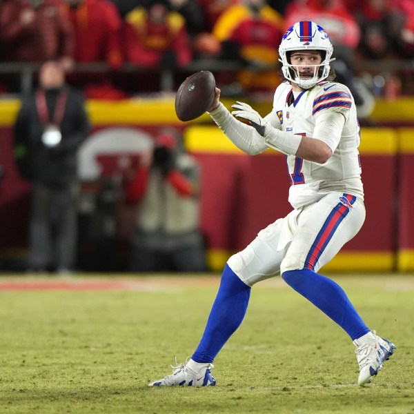 FILE - Buffalo Bills quarterback Josh Allen looks to pass during the second half of the AFC Championship NFL football game against the Kansas City Chiefs, Monday, Jan. 27, 2025, in Kansas City, Mo. (AP Photo/Charlie Riedel, File)