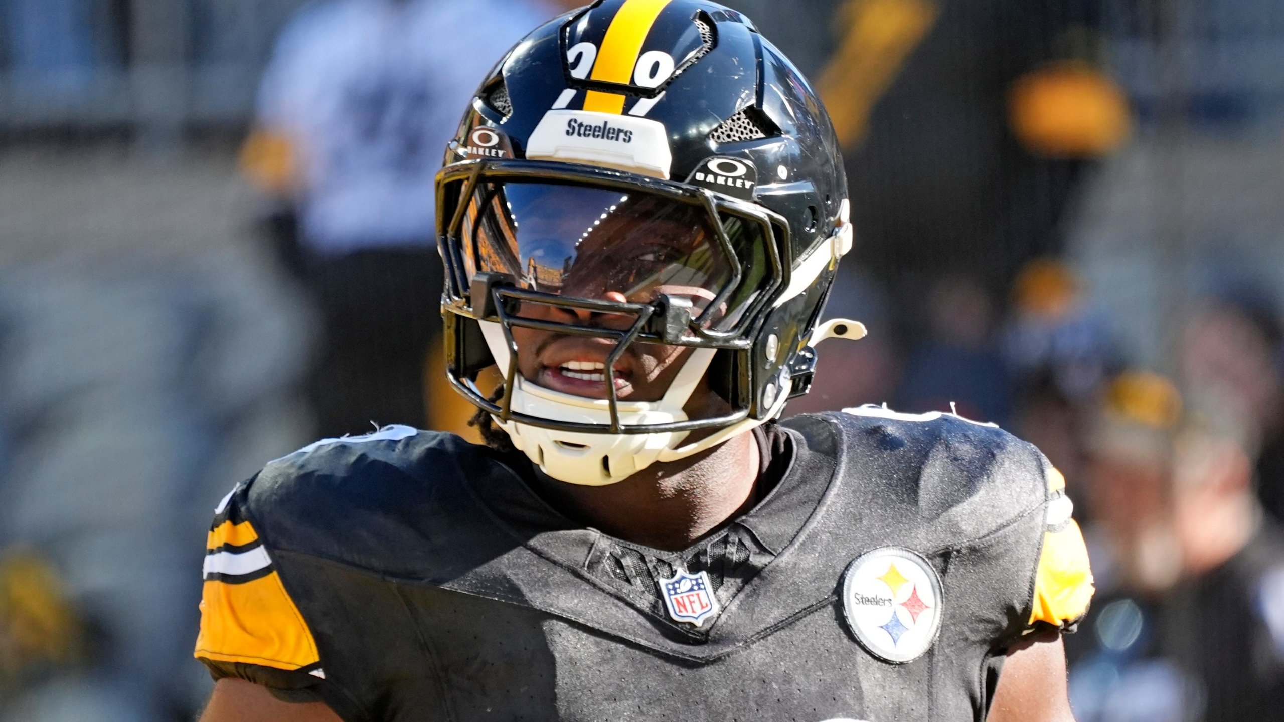 FILE - Pittsburgh Steelers defensive tackle Larry Ogunjobi (99) warms up before an NFL football game against the Cleveland Browns, Dec. 8, 2024, in Pittsburgh. (AP Photo/Gene J. Puskar, File)