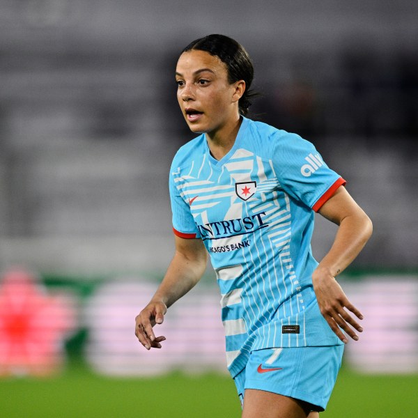 FILE - Chicago Stars forward Mallory Swanson (9) follows the action during an NWSL soccer match against the Orlando Pride, Friday, March 29, 2024, in Orlando, Fla. (AP Photo/Phelan M. Ebenhack, File)